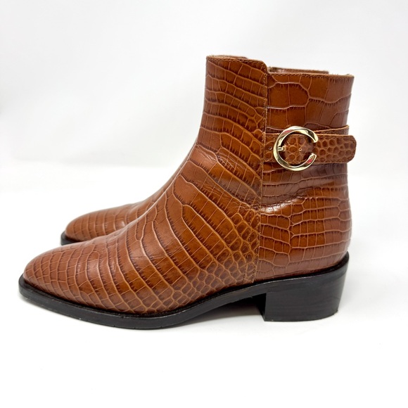 Aquatalia Fara Croc-Embossed Weatherproof Leather Ankle Boots Cognac - Picture 7 of 15